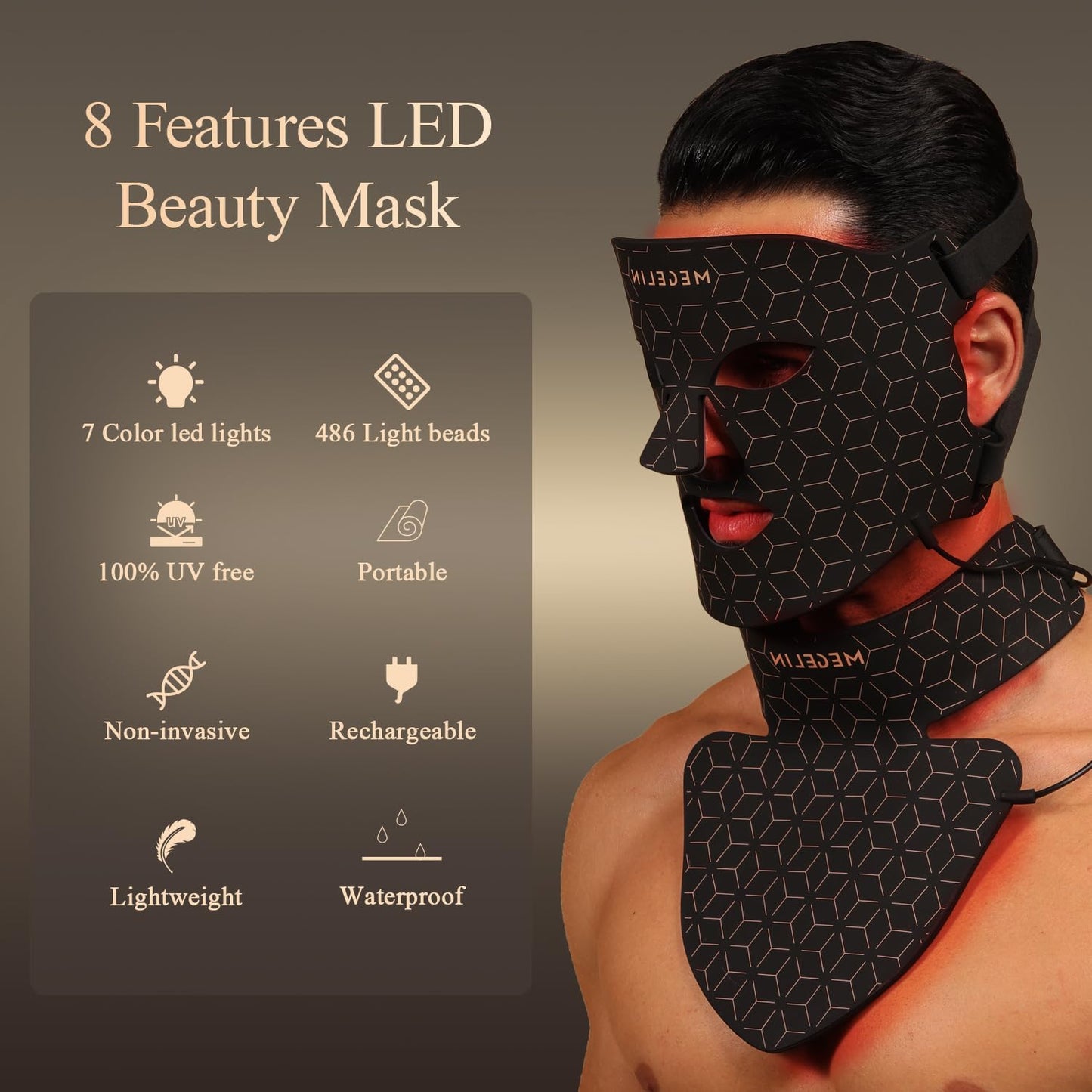 Dluxe Ave.  Led Red Light Therapy Face & Neck Mask/ 7 Colors Led Light (Black)