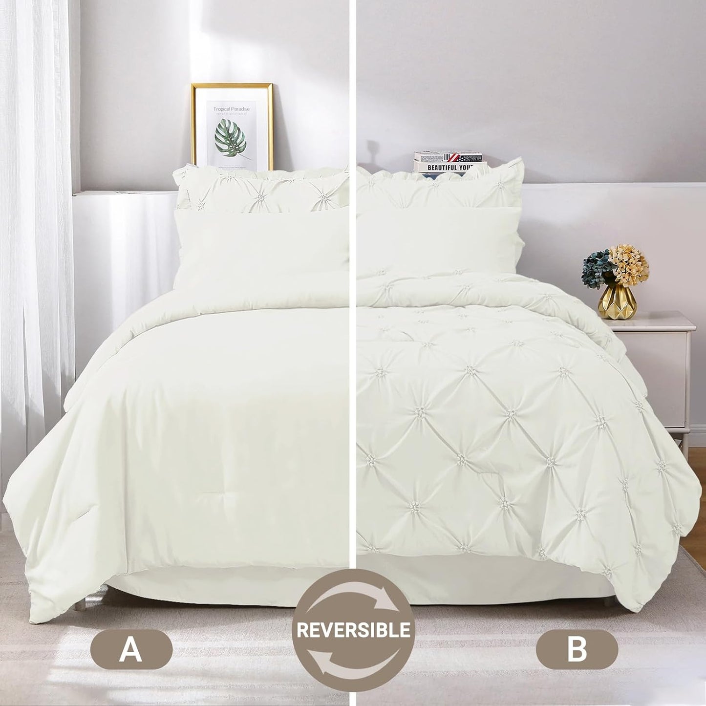 Dluxe Ave. ( QUEEN ) 7 Pcs Comforter Sets/ Pintuck Bed in a Bag Comforter Set/ Ivory
