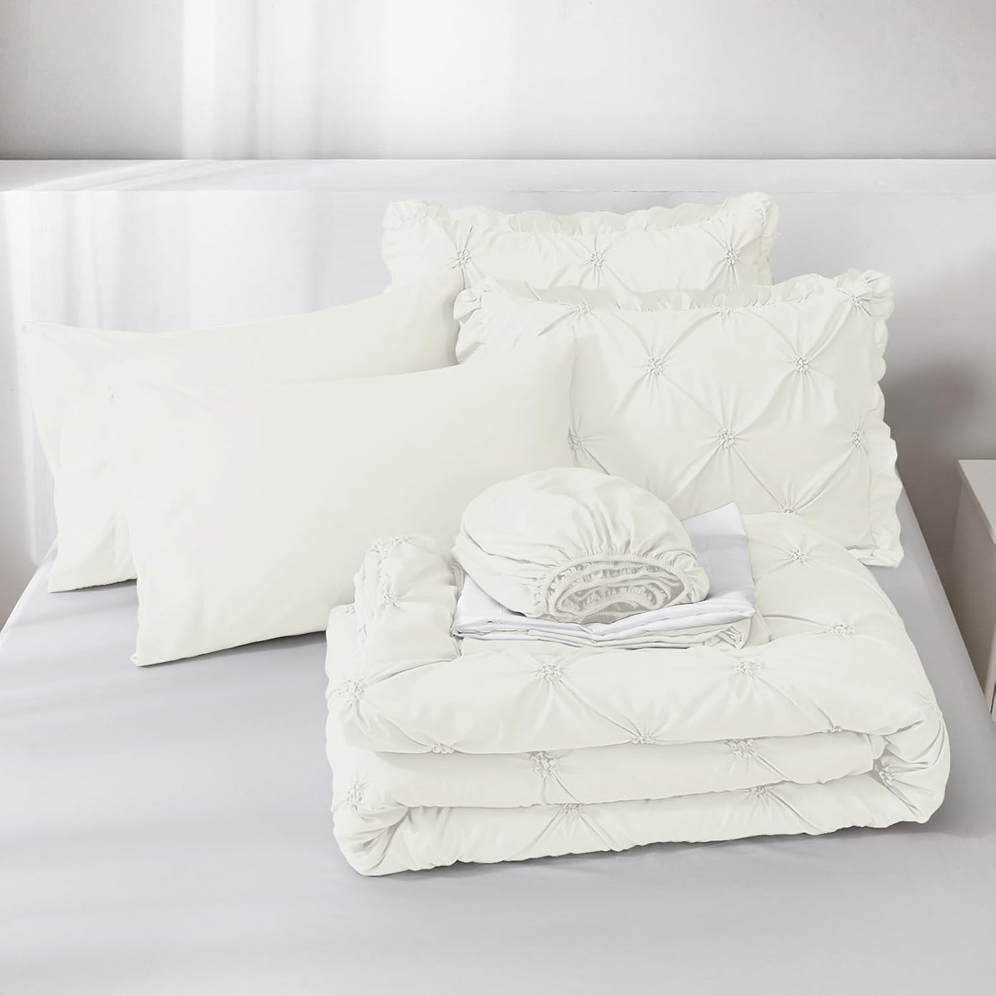 Dluxe Ave. ( QUEEN ) 7 Pcs Comforter Sets/ Pintuck Bed in a Bag Comforter Set/ Ivory