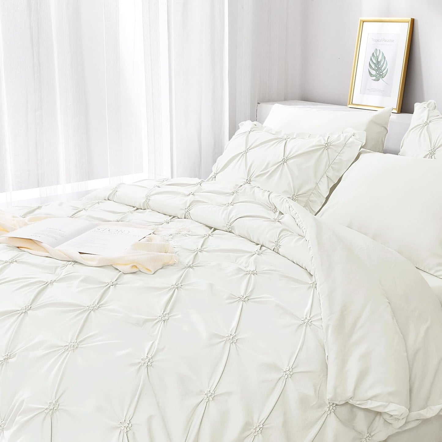 Dluxe Ave. ( QUEEN ) 7 Pcs Comforter Sets/ Pintuck Bed in a Bag Comforter Set/ Ivory