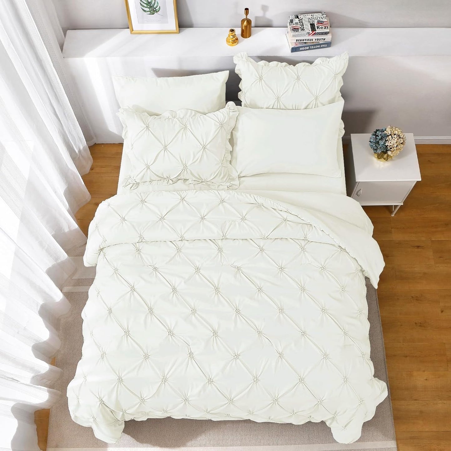 Dluxe Ave. ( QUEEN ) 7 Pcs Comforter Sets/ Pintuck Bed in a Bag Comforter Set/ Ivory