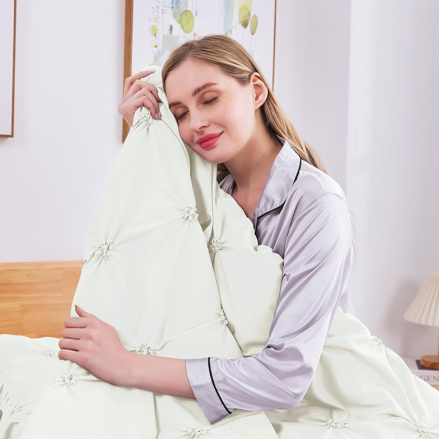 Dluxe Ave. ( QUEEN ) 7 Pcs Comforter Sets/ Pintuck Bed in a Bag Comforter Set/ Ivory