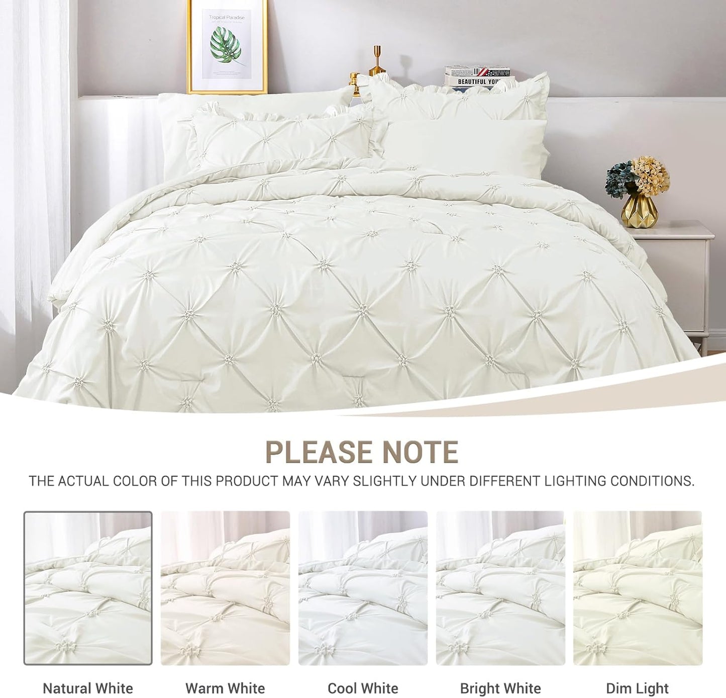 Dluxe Ave. ( QUEEN ) 7 Pcs Comforter Sets/ Pintuck Bed in a Bag Comforter Set/ Ivory