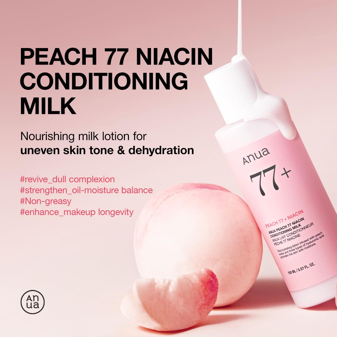 Dluxe Ave. ANUA Peach Niacin Conditioning Lotion Face Moisturizer with Vitamin B12 Ceramide Panthenol Hyaluronic Acid Lightweight Korean Skin Care for Glass Skin (150ml 5.07 fl.oz.)