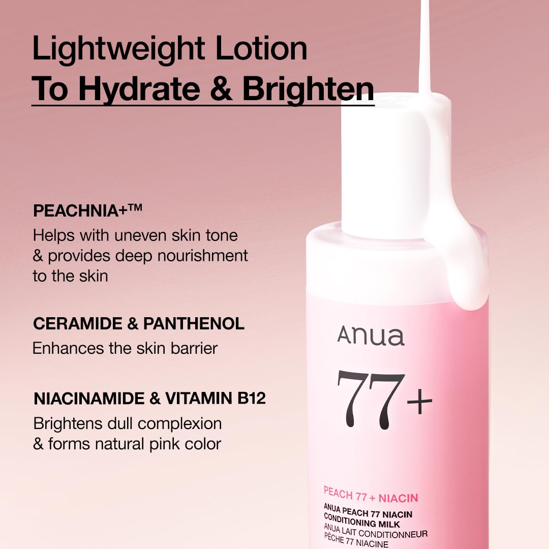 Dluxe Ave. ANUA Peach Niacin Conditioning Lotion Face Moisturizer with Vitamin B12 Ceramide Panthenol Hyaluronic Acid Lightweight Korean Skin Care for Glass Skin (150ml 5.07 fl.oz.)