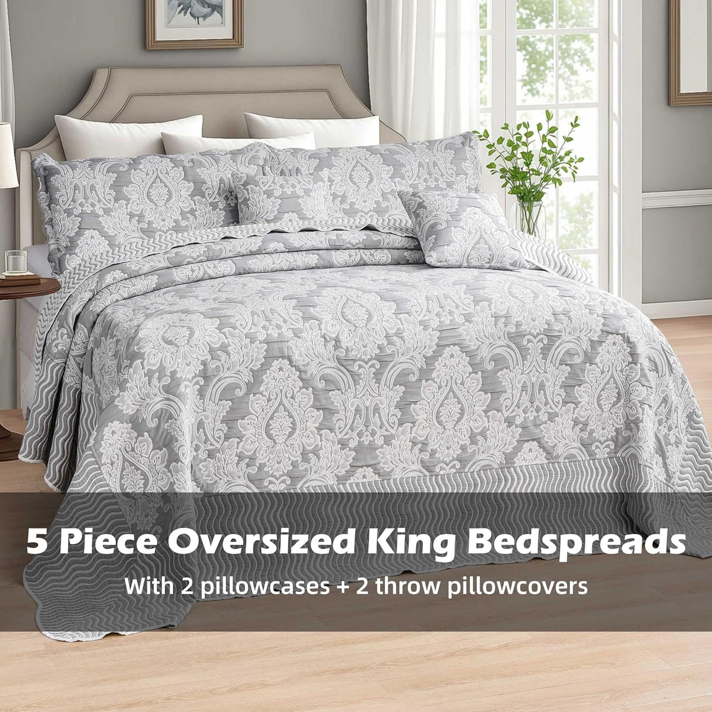 Dluxe Ave. ( CALI./KING ) 5 Pcs Oversized Bedspreads 120x120/ Extra Wide Coverlet Set/ Light Gray
