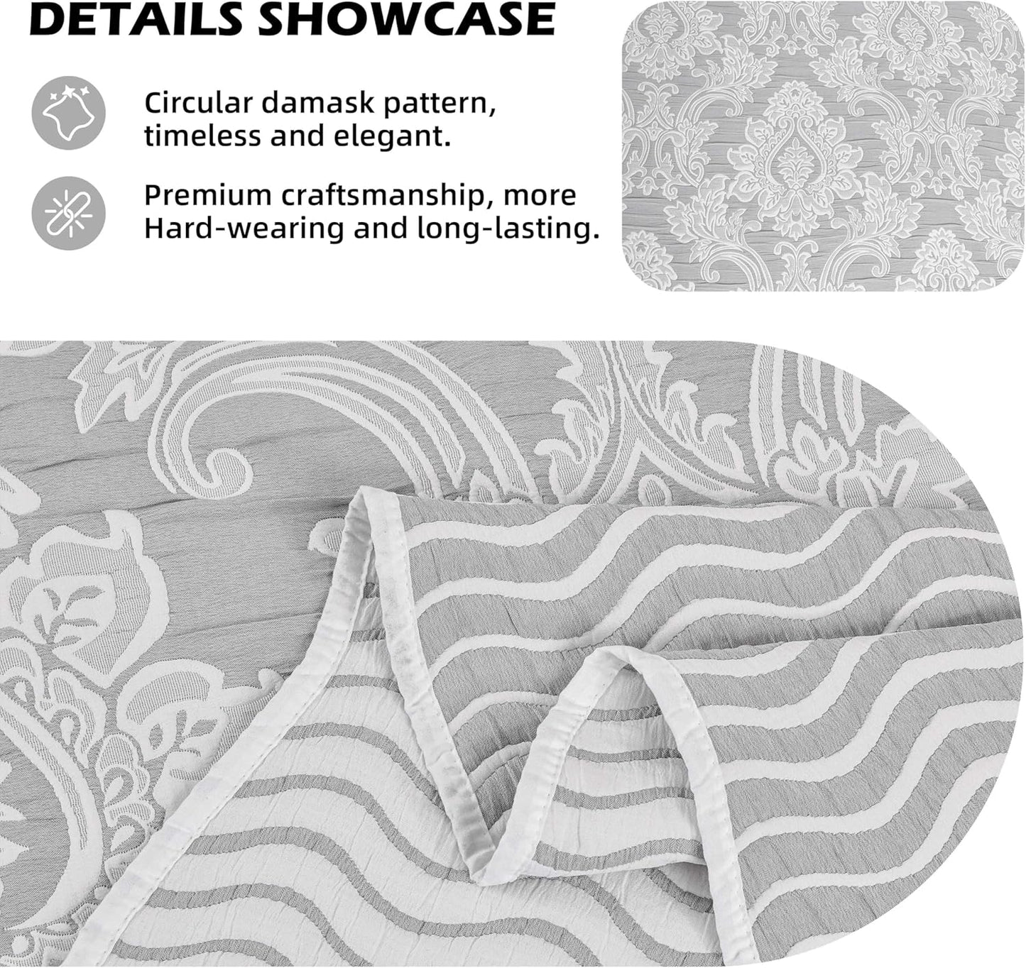 Dluxe Ave. ( CALI./KING ) 5 Pcs Oversized Bedspreads 120x120/ Extra Wide Coverlet Set/ Light Gray