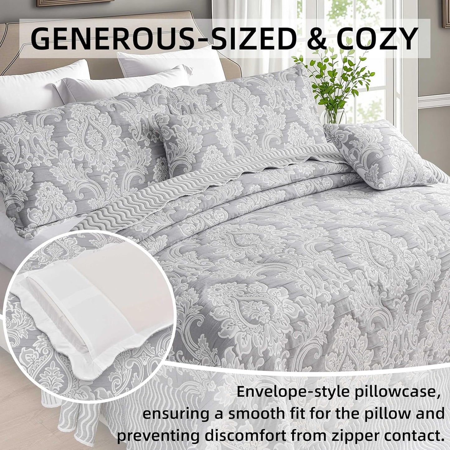 Dluxe Ave. ( CALI./KING ) 5 Pcs Oversized Bedspreads 120x120/ Extra Wide Coverlet Set/ Light Gray