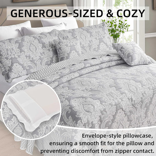 Dluxe Ave. ( CALI./KING ) 5 Pcs Oversized Bedspreads 120x120/ Extra Wide Coverlet Set/ Light Gray