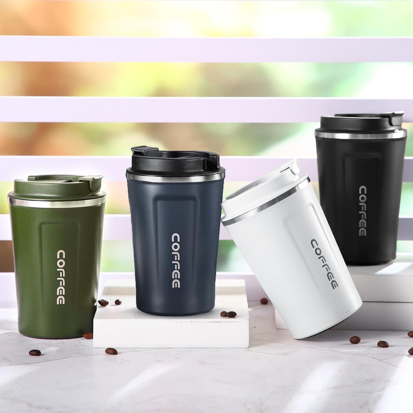 Dluxe Ave. 4 Pcs 13 oz Travel Coffee Mugs/ Insulated Reusable Coffee Cups with Leakproof Lid/Stainless Steel (Black White Navy Blue Green)