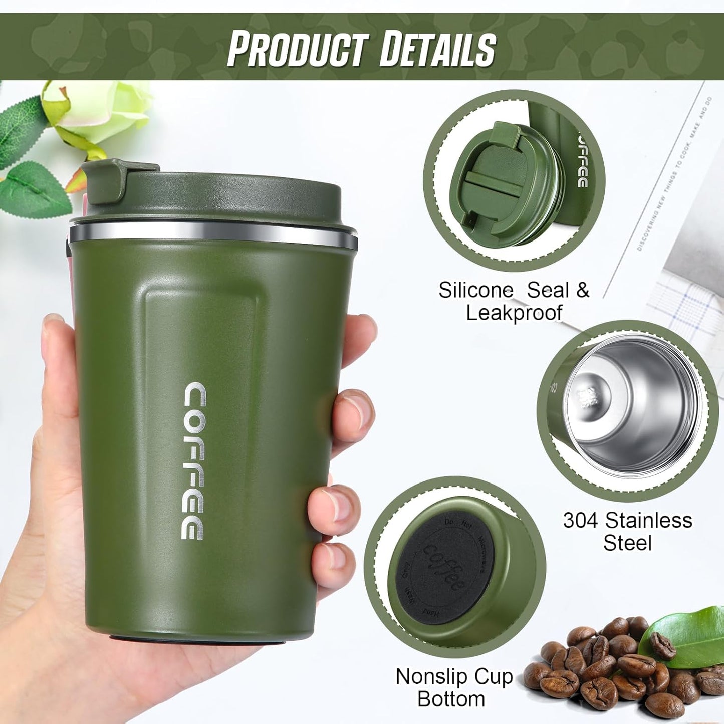Dluxe Ave. 4 Pcs 13 oz Travel Coffee Mugs/ Insulated Reusable Coffee Cups with Leakproof Lid/Stainless Steel (Black White Navy Blue Green)