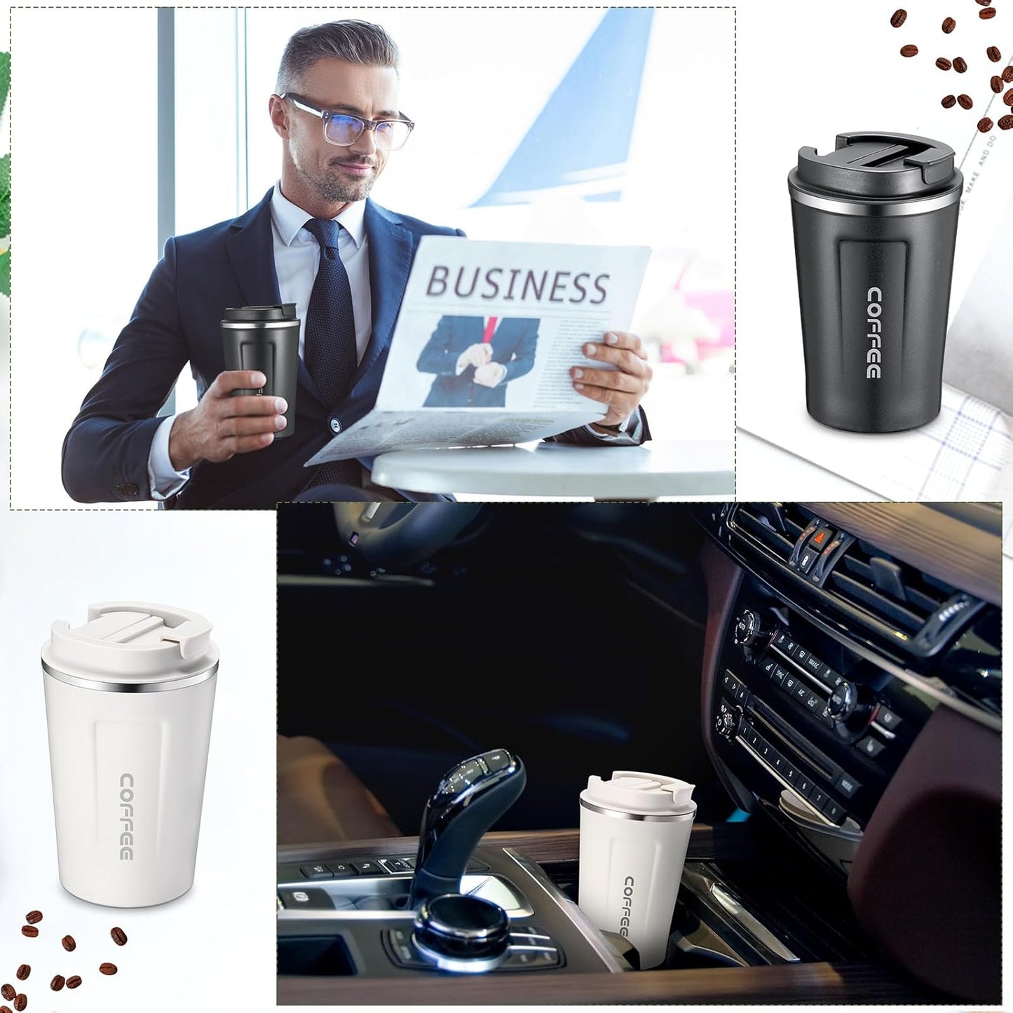 Dluxe Ave. 4 Pcs 13 oz Travel Coffee Mugs/ Insulated Reusable Coffee Cups with Leakproof Lid/Stainless Steel (Black White Navy Blue Green)