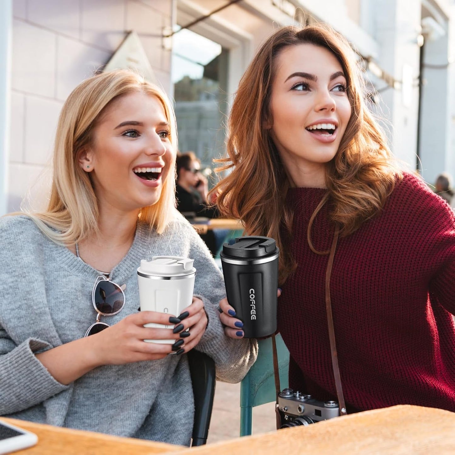Dluxe Ave. 4 Pcs 13 oz Travel Coffee Mugs/ Insulated Reusable Coffee Cups with Leakproof Lid/Stainless Steel (Black White Navy Blue Green)