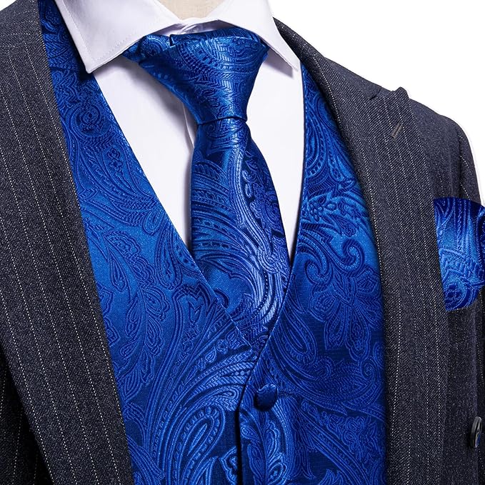 Dluxe Ave. (MEDIUM) Mens 6PCS Vest Tie Set/ Waistcoat with Handkerchief Clip Pin/ Royal Blue