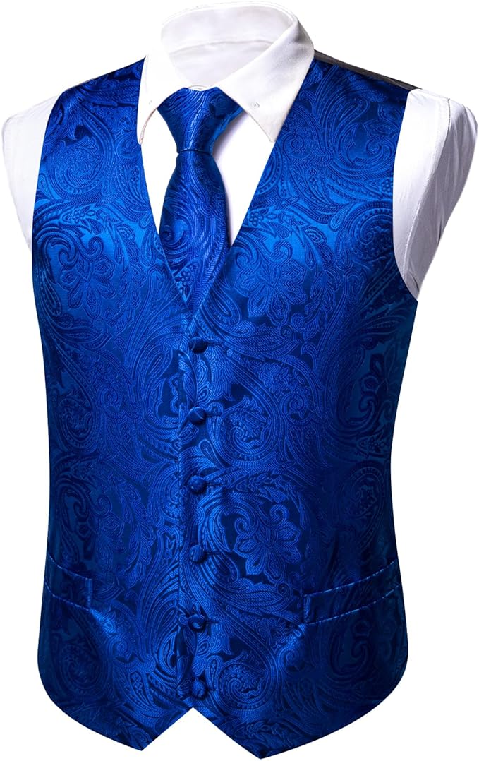 Dluxe Ave. (MEDIUM) Mens 6PCS Vest Tie Set/ Waistcoat with Handkerchief Clip Pin/ Royal Blue