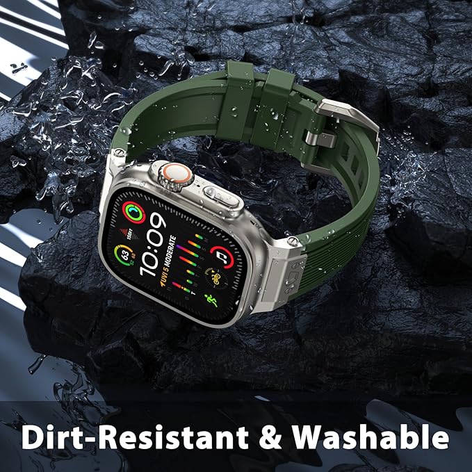 Dluxe Ave. V-MORO Compatible with Apple Watch Ultra Band Apple Watch Ultra 2 49mm Silicone Rubber Bands for iWatch Series 9/8/SE2/7/6/SE/5/4/3/2/1 45mm 44mm 42mm Stainless Steel Metal Connector Band(Army Green)