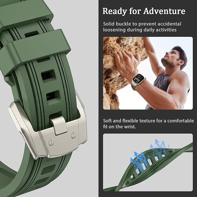 Dluxe Ave. V-MORO Compatible with Apple Watch Ultra Band Apple Watch Ultra 2 49mm Silicone Rubber Bands for iWatch Series 9/8/SE2/7/6/SE/5/4/3/2/1 45mm 44mm 42mm Stainless Steel Metal Connector Band(Army Green)