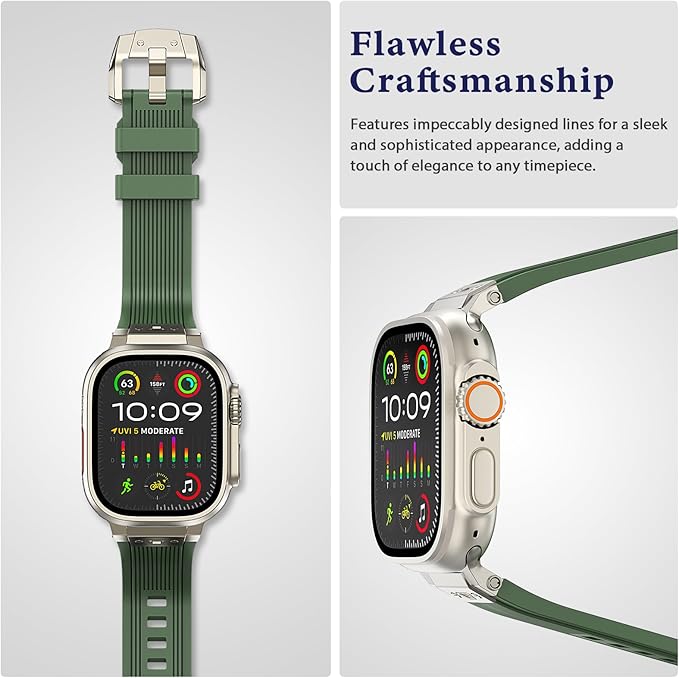 Dluxe Ave. V-MORO Compatible with Apple Watch Ultra Band Apple Watch Ultra 2 49mm Silicone Rubber Bands for iWatch Series 9/8/SE2/7/6/SE/5/4/3/2/1 45mm 44mm 42mm Stainless Steel Metal Connector Band(Army Green)