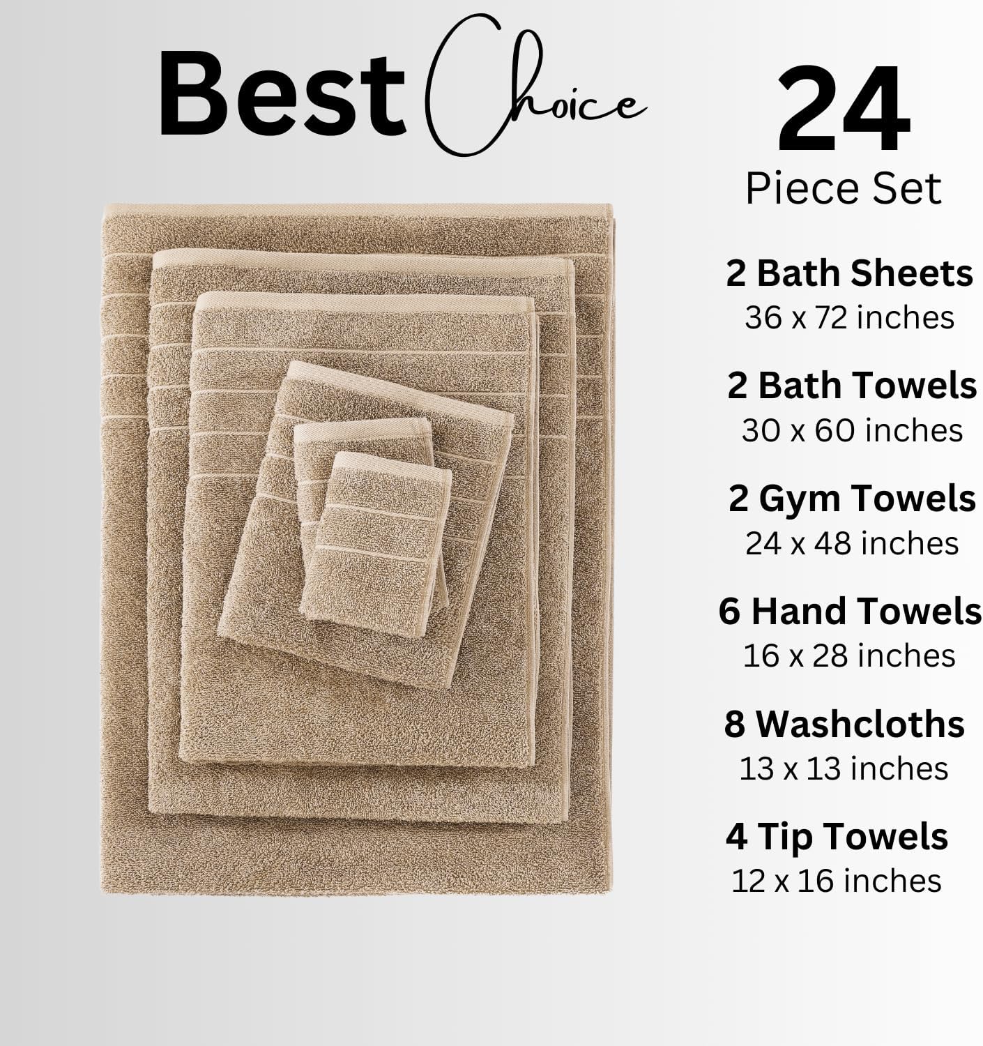 Dluxe Ave. Casa Platino 24 Piece 100% Cotton Towels for Bathroom 2 Bath Sheets 2 Large Bath Towels(30"x 60") 2 Gym Towels(24"x 48") 6 Hand Towels 8 Washcloths & 4 Fingertip Towels Soft Towel Set - Beige
