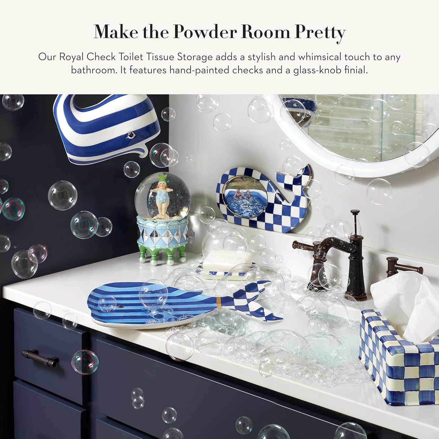 Dluxe Ave. MACKENZIE-CHILDS Enamel Toilet-Tissue Storage Decorative Toilet-Paper Storage for Bathroom Blue-and-White Royal Check
