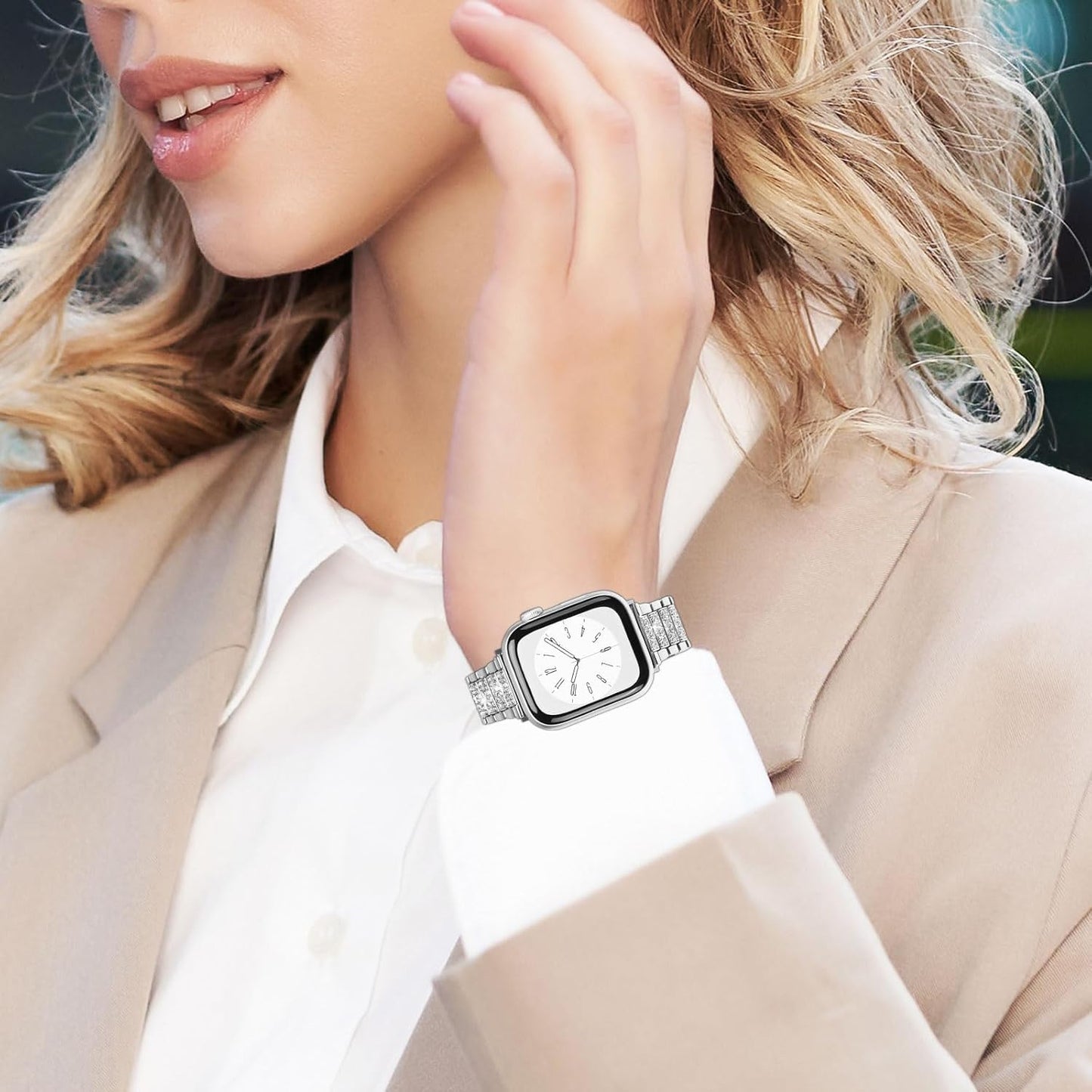 Dluxe Ave. MOSISO Compatible with Apple Watch Band 49mm 45mm 44mm 42mm Women Stainless Steel Metal Wristband Strap with Rhinestones Decoration for iWatch Series 9 8 7 6 5 4 3 2 1 SE Ultra Silver