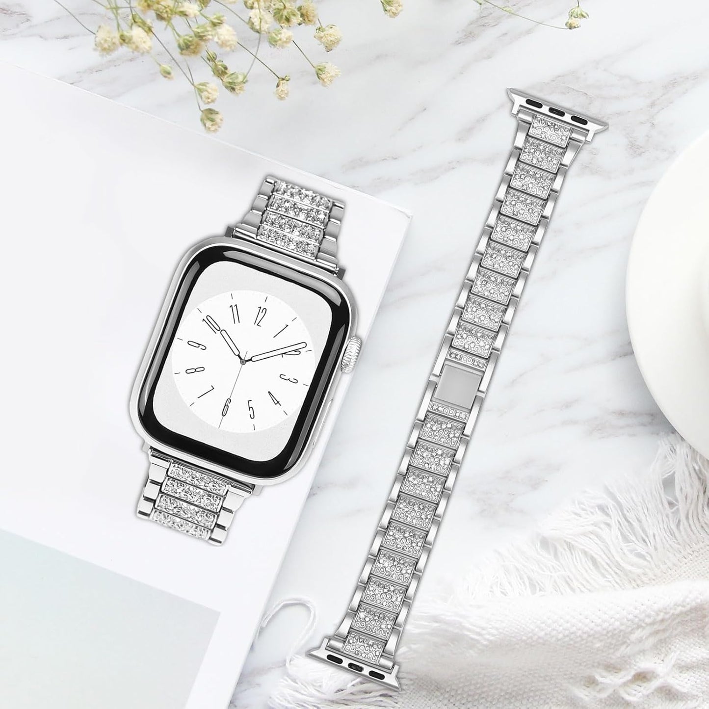 Dluxe Ave. MOSISO Compatible with Apple Watch Band 49mm 45mm 44mm 42mm Women Stainless Steel Metal Wristband Strap with Rhinestones Decoration for iWatch Series 9 8 7 6 5 4 3 2 1 SE Ultra Silver