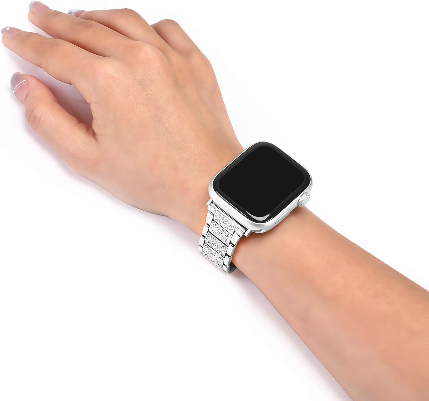 Dluxe Ave. MOSISO Compatible with Apple Watch Band 49mm 45mm 44mm 42mm Women Stainless Steel Metal Wristband Strap with Rhinestones Decoration for iWatch Series 9 8 7 6 5 4 3 2 1 SE Ultra Silver