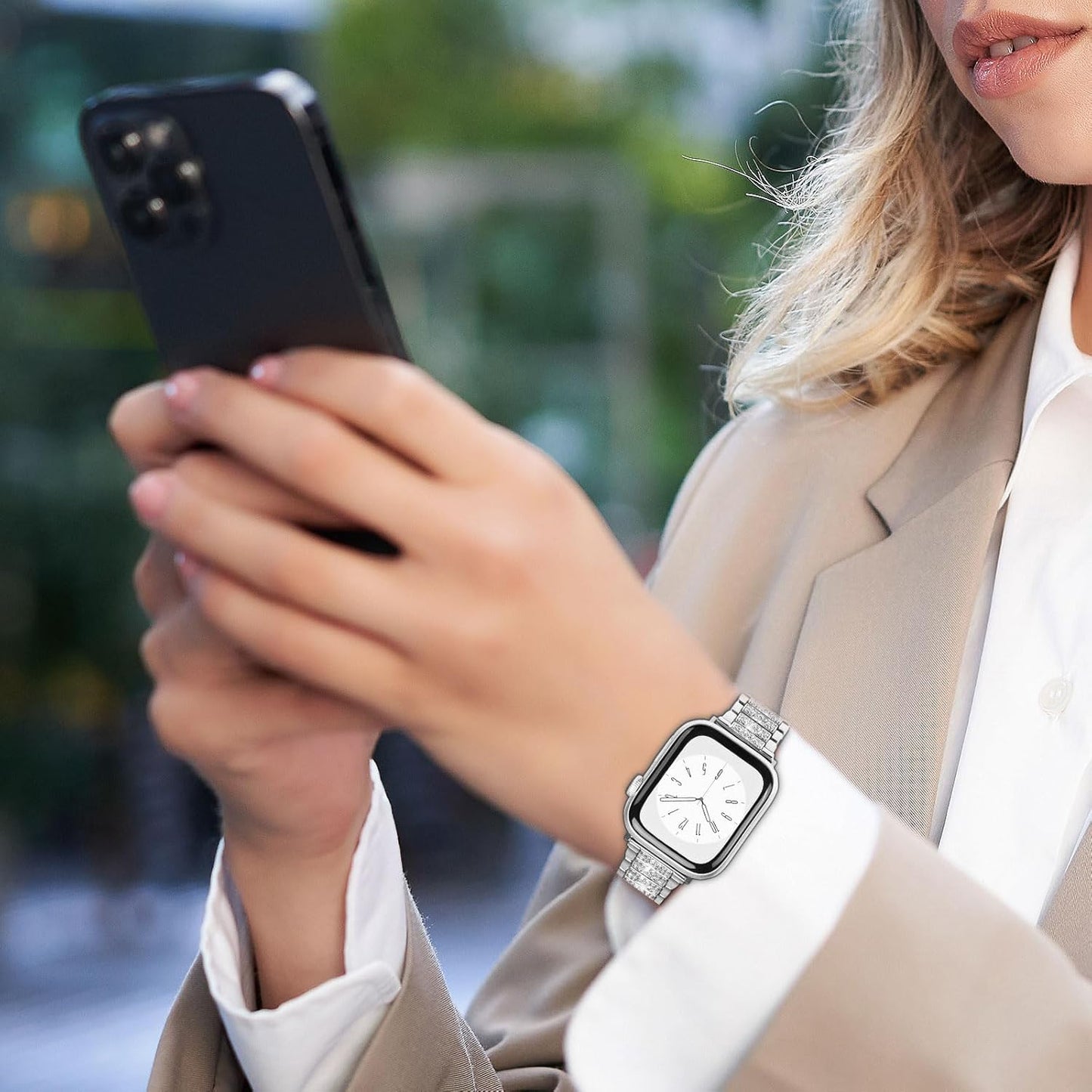 Dluxe Ave. MOSISO Compatible with Apple Watch Band 49mm 45mm 44mm 42mm Women Stainless Steel Metal Wristband Strap with Rhinestones Decoration for iWatch Series 9 8 7 6 5 4 3 2 1 SE Ultra Silver