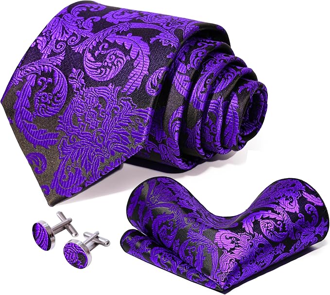 Dluxe Ave. 5PCS Purple Paisley Tie and Pocket Square Set for Men