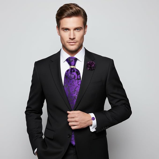 Dluxe Ave. 5PCS Purple Paisley Tie and Pocket Square Set for Men