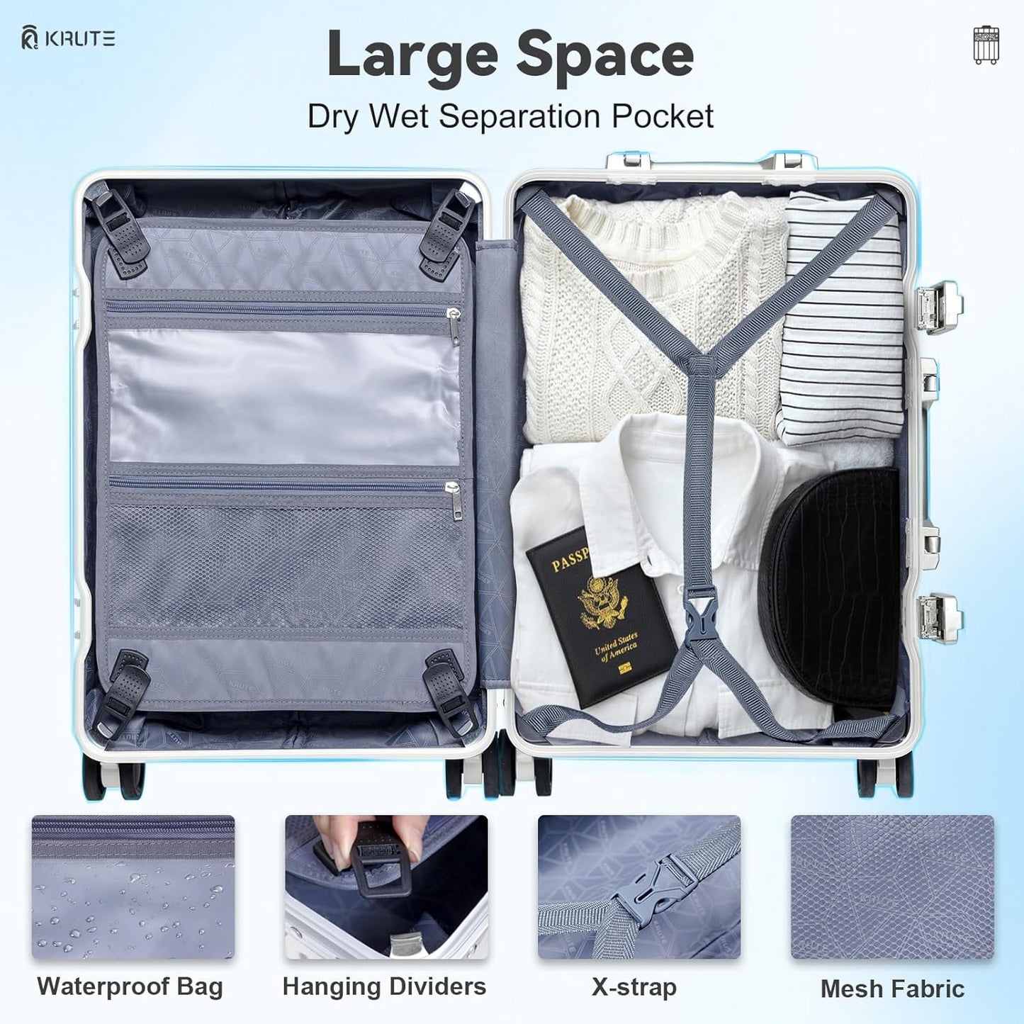 Dluxe Ave. Carry On Luggage with Aluminum Frame/ No Zipper/Spinning Wheels/ TSA Lock/ (White) 20inch