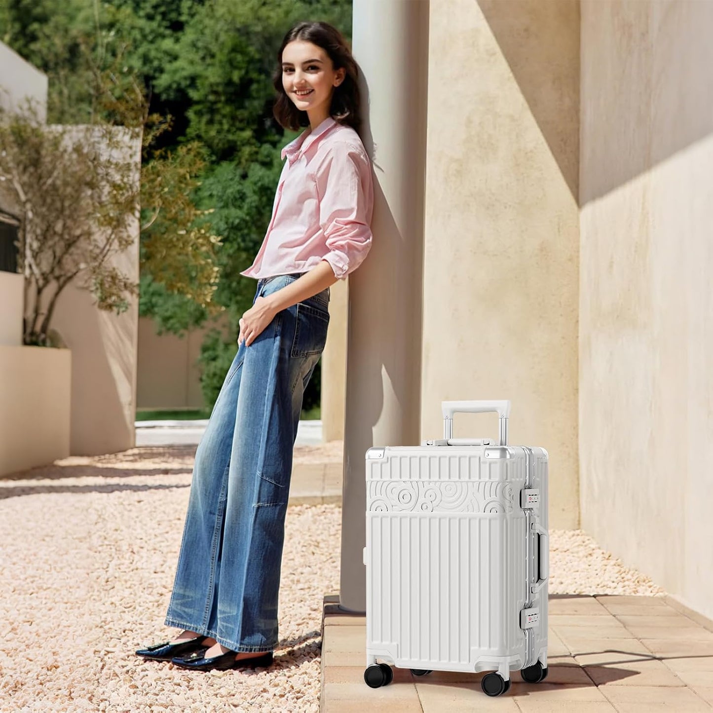 Dluxe Ave. Carry On Luggage with Aluminum Frame/ No Zipper/Spinning Wheels/ TSA Lock/ (White) 20inch