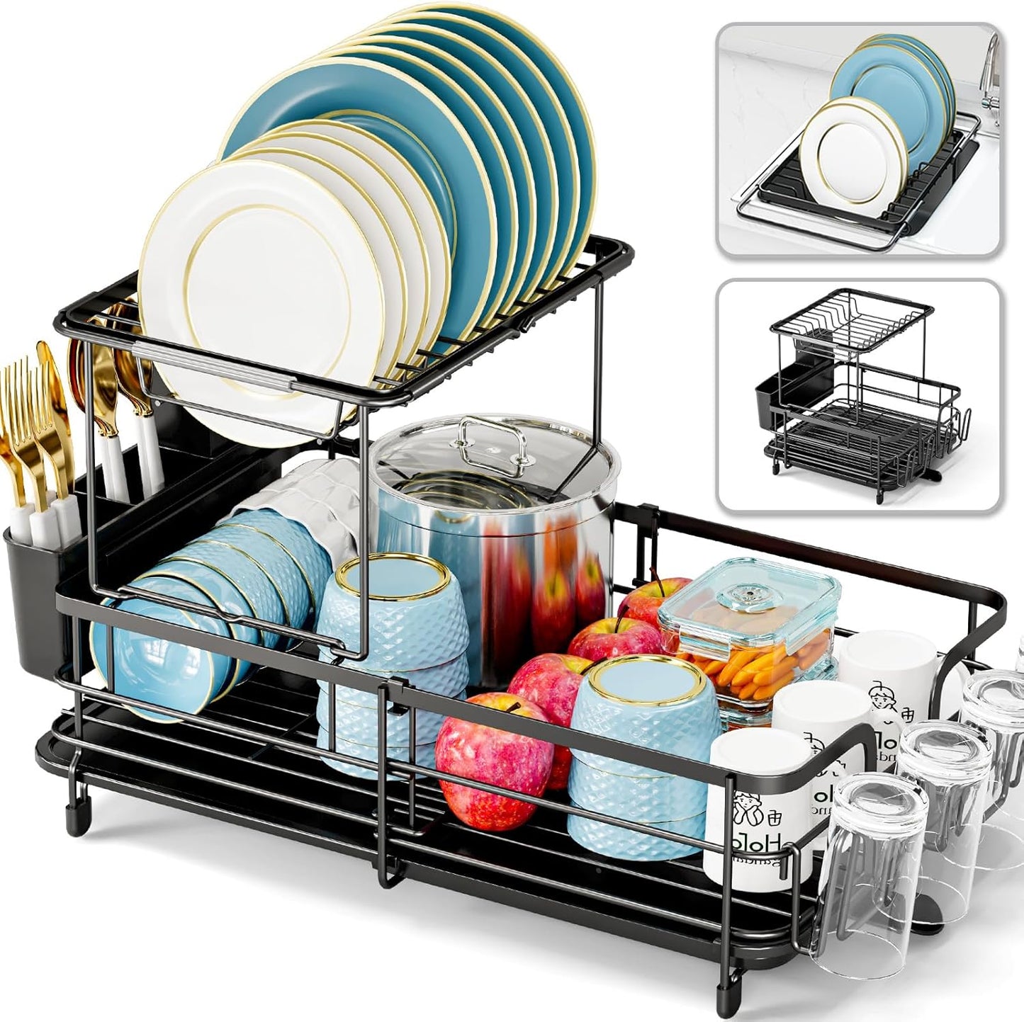 Dluxe Ave. Expandable Dish Drying Rack for Kitchen Counter/ Large Extendable with Bamboo Cover
