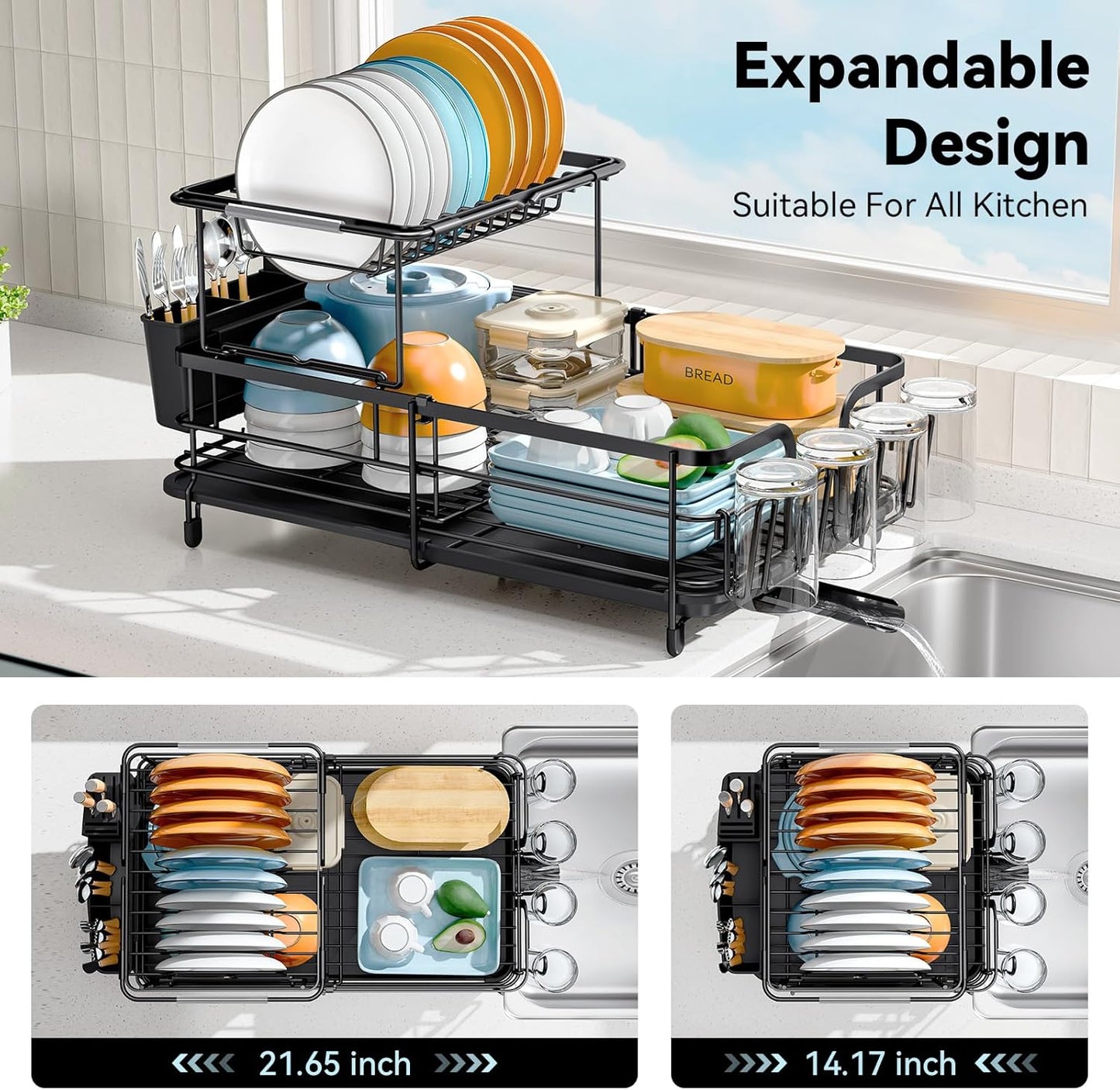 Dluxe Ave. Expandable Dish Drying Rack for Kitchen Counter/ Large Extendable with Bamboo Cover