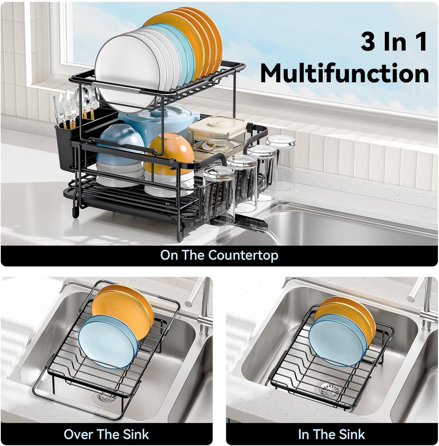 Dluxe Ave. Expandable Dish Drying Rack for Kitchen Counter/ Large Extendable with Bamboo Cover