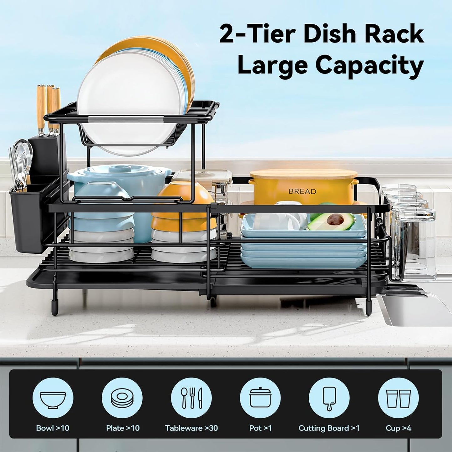 Dluxe Ave. Expandable Dish Drying Rack for Kitchen Counter/ Large Extendable with Bamboo Cover