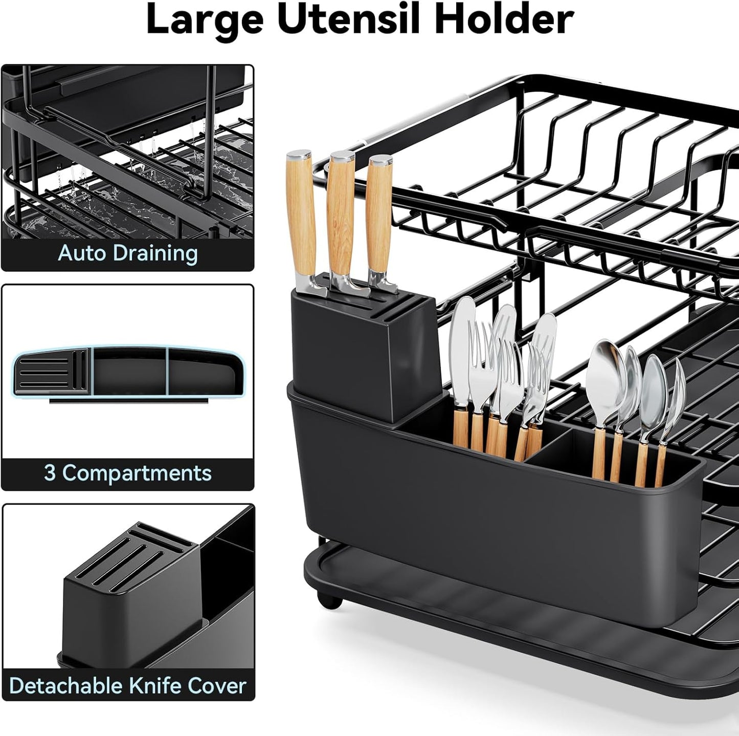 Dluxe Ave. Expandable Dish Drying Rack for Kitchen Counter/ Large Extendable with Bamboo Cover