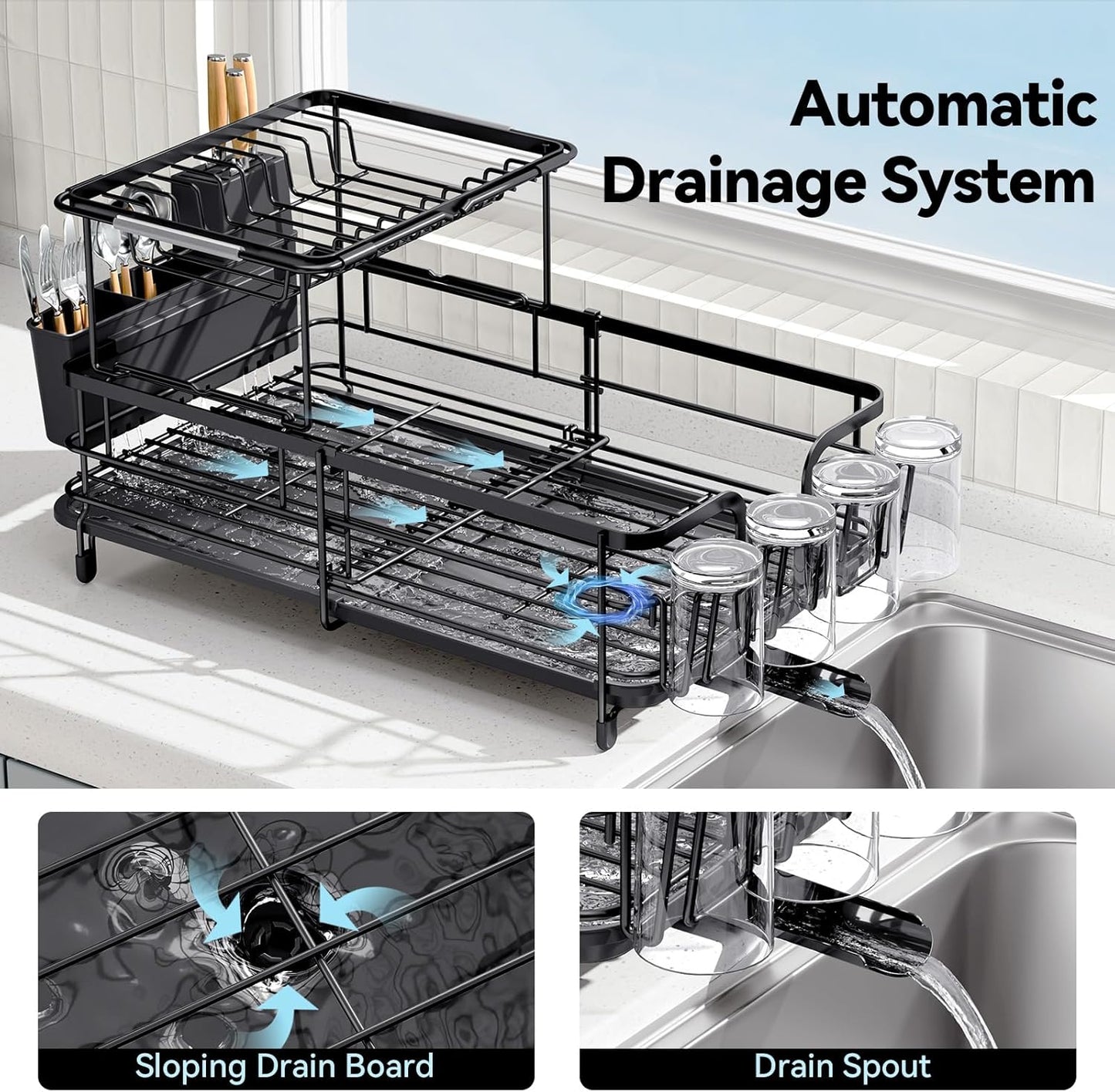 Dluxe Ave. Expandable Dish Drying Rack for Kitchen Counter/ Large Extendable with Bamboo Cover