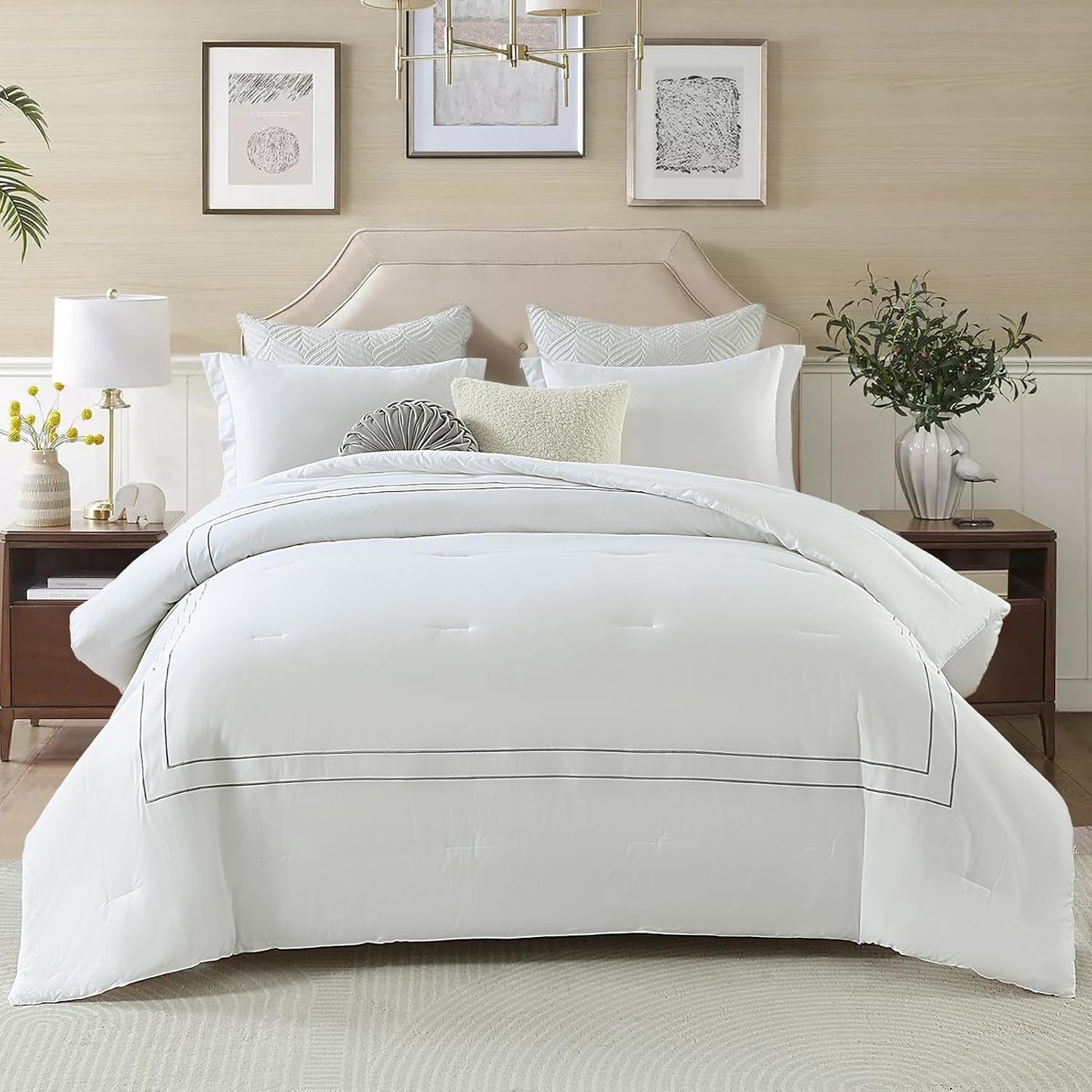 Dluxe Ave. ( QUEEN) 3 Pcs Comforter Set, Fluffy 100% Cotton, Satin Stitch Embroidery, Lightweight Quilted Comforter, White/Gray