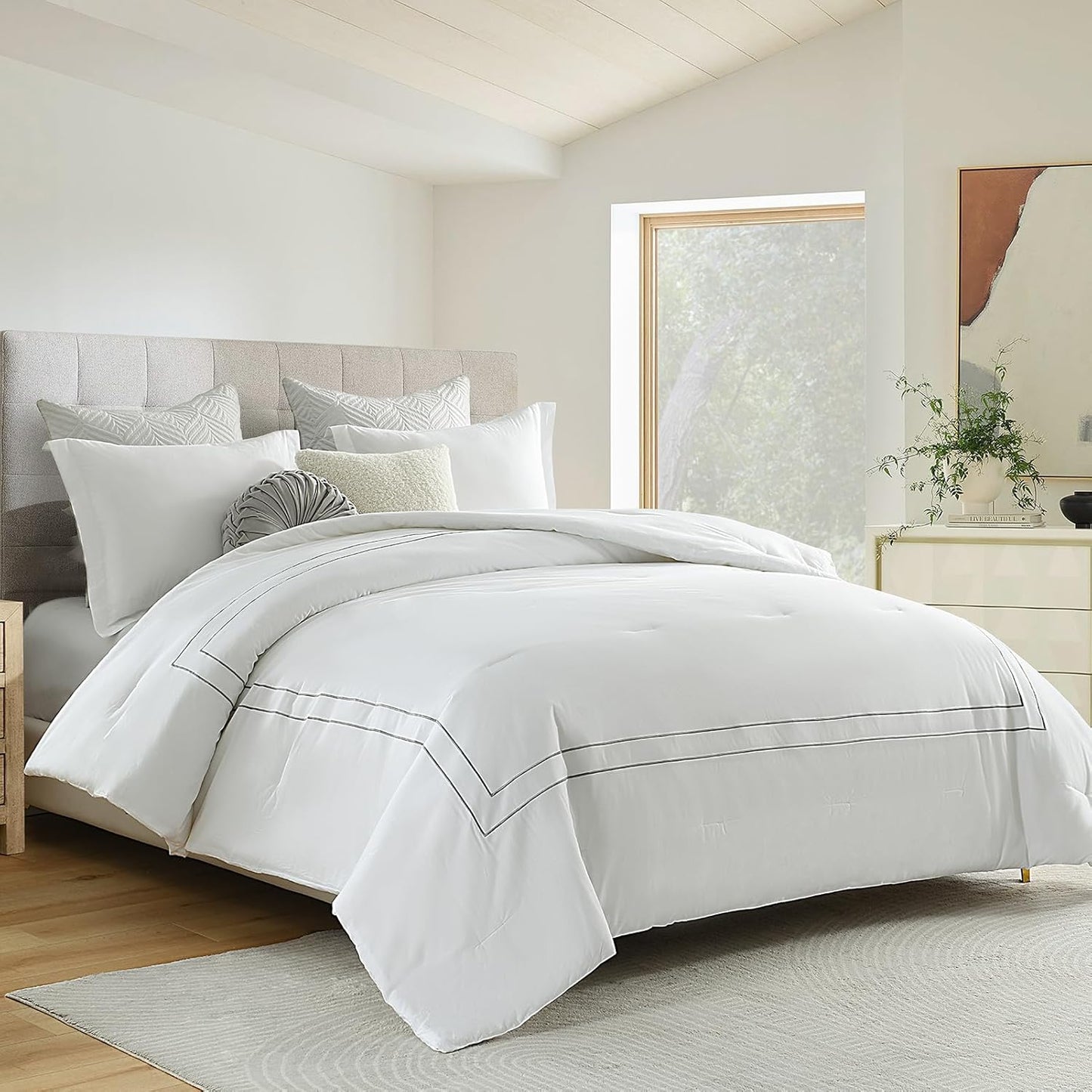 Dluxe Ave. ( QUEEN) 3 Pcs Comforter Set, Fluffy 100% Cotton, Satin Stitch Embroidery, Lightweight Quilted Comforter, White/Gray