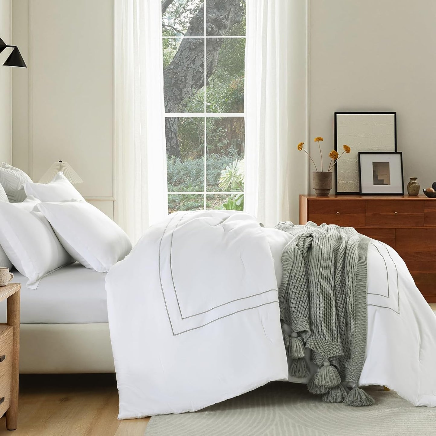 Dluxe Ave. ( QUEEN) 3 Pcs Comforter Set, Fluffy 100% Cotton, Satin Stitch Embroidery, Lightweight Quilted Comforter, White/Gray