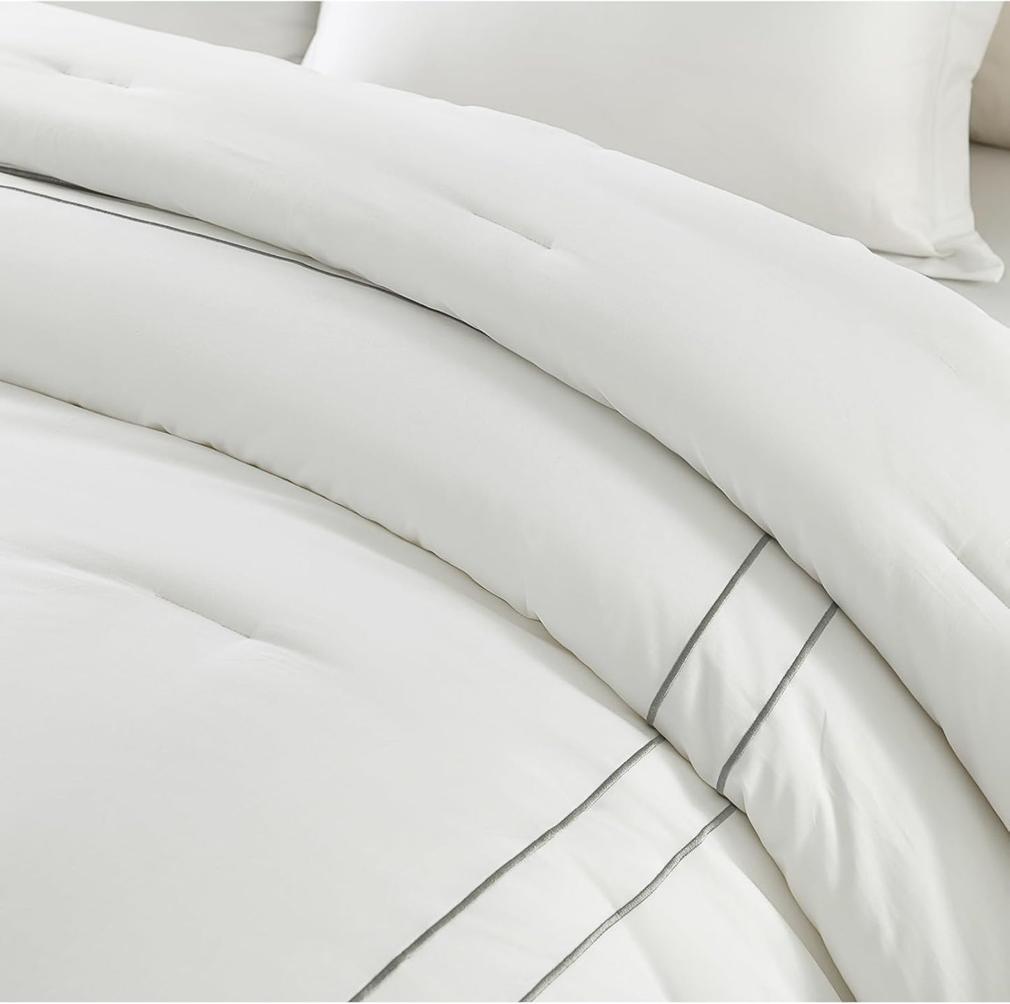 Dluxe Ave. ( QUEEN) 3 Pcs Comforter Set, Fluffy 100% Cotton, Satin Stitch Embroidery, Lightweight Quilted Comforter, White/Gray