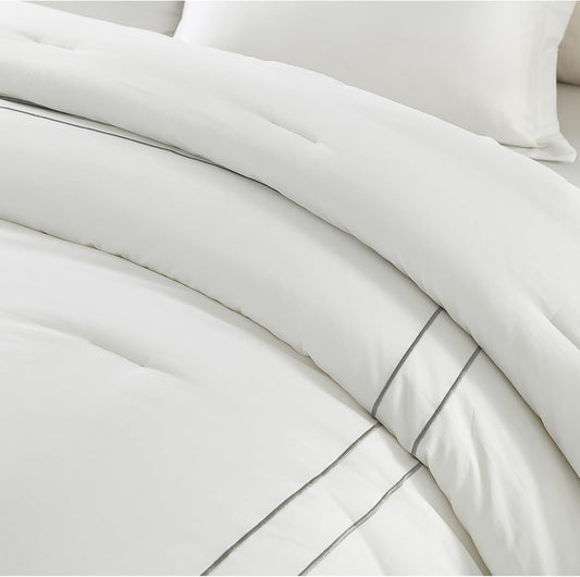Dluxe Ave. ( QUEEN) 3 Pcs Comforter Set, Fluffy 100% Cotton, Satin Stitch Embroidery, Lightweight Quilted Comforter, White/Gray