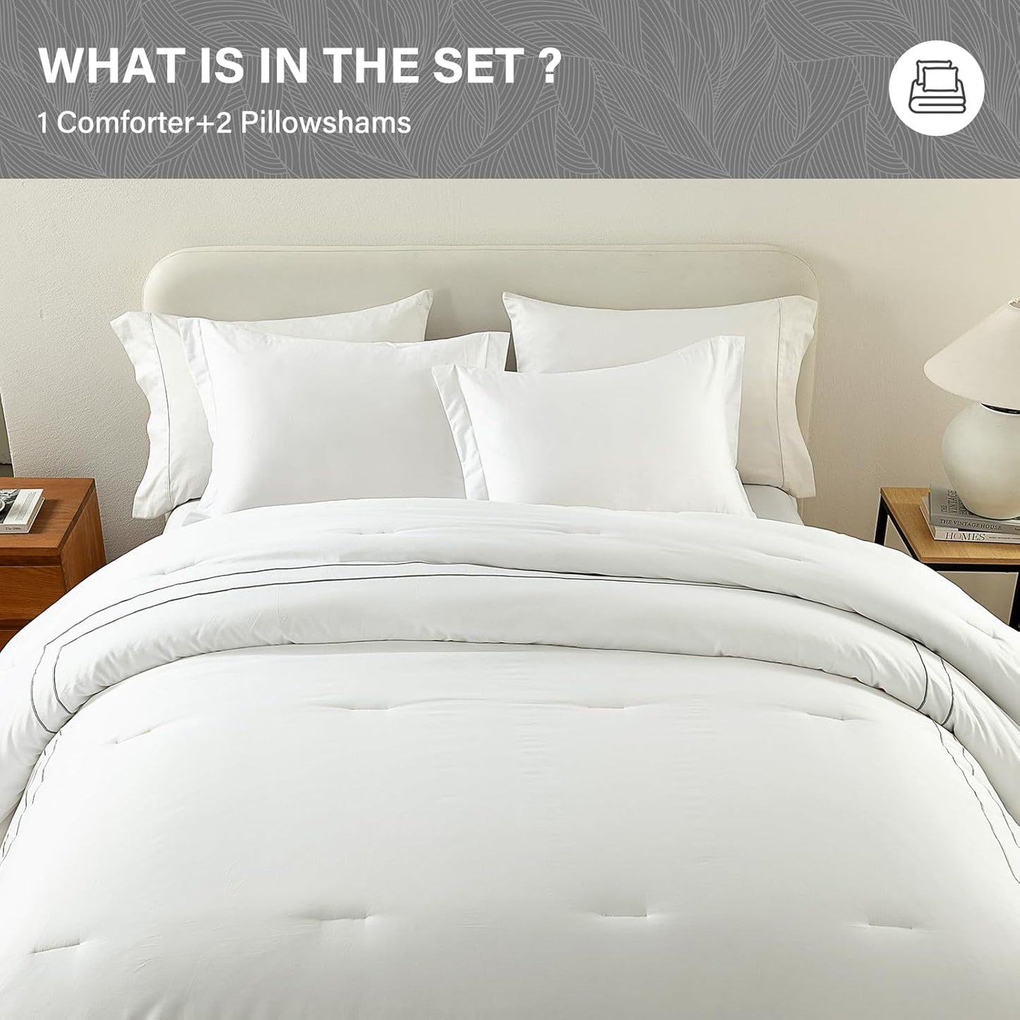 Dluxe Ave. ( QUEEN) 3 Pcs Comforter Set, Fluffy 100% Cotton, Satin Stitch Embroidery, Lightweight Quilted Comforter, White/Gray