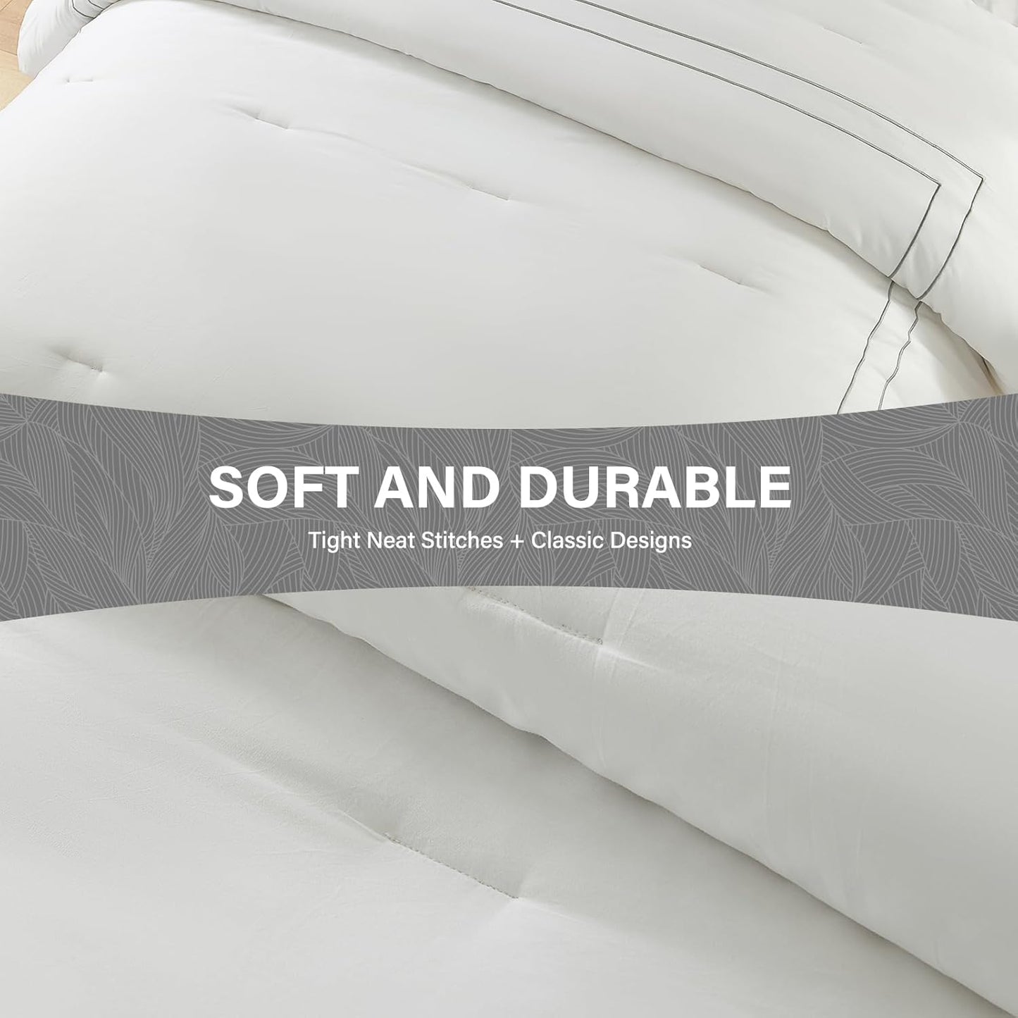 Dluxe Ave. ( QUEEN) 3 Pcs Comforter Set, Fluffy 100% Cotton, Satin Stitch Embroidery, Lightweight Quilted Comforter, White/Gray
