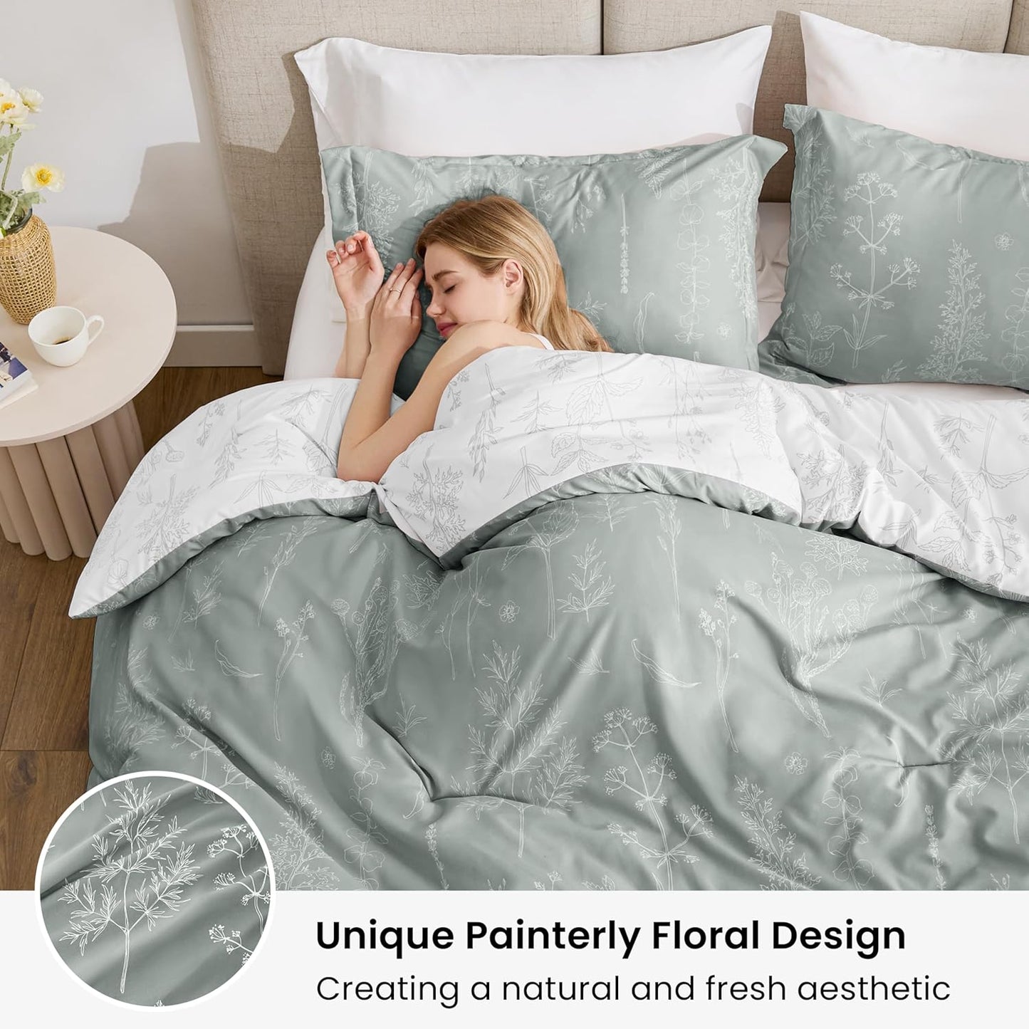 Dluxe Ave. ( KING ) 3 Pcs Comforter Set/ Cute Floral Bedding for All Seasons/ Reversible Botanical Flowers/ Grey