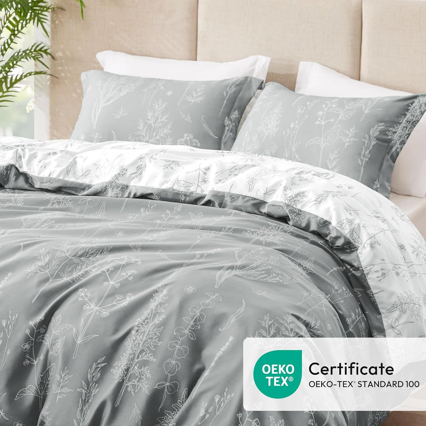 Dluxe Ave. ( KING ) 3 Pcs Comforter Set/ Cute Floral Bedding for All Seasons/ Reversible Botanical Flowers/ Grey