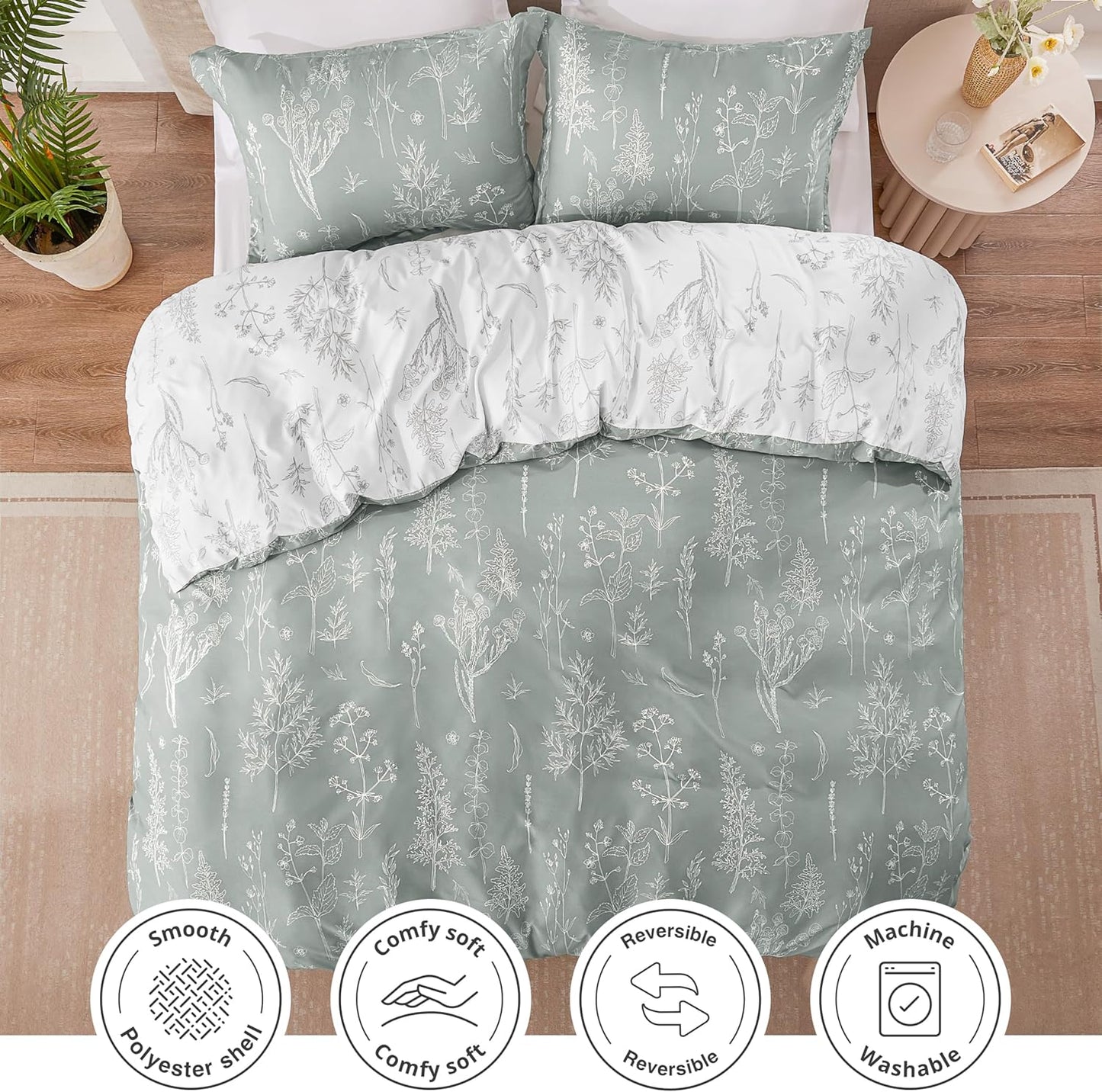 Dluxe Ave. ( KING ) 3 Pcs Comforter Set/ Cute Floral Bedding for All Seasons/ Reversible Botanical Flowers/ Grey