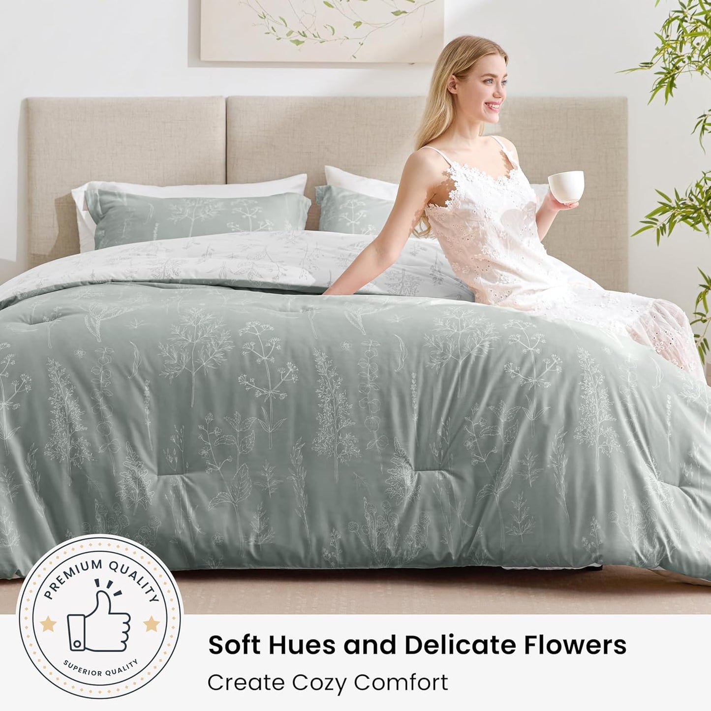 Dluxe Ave. ( KING ) 3 Pcs Comforter Set/ Cute Floral Bedding for All Seasons/ Reversible Botanical Flowers/ Grey