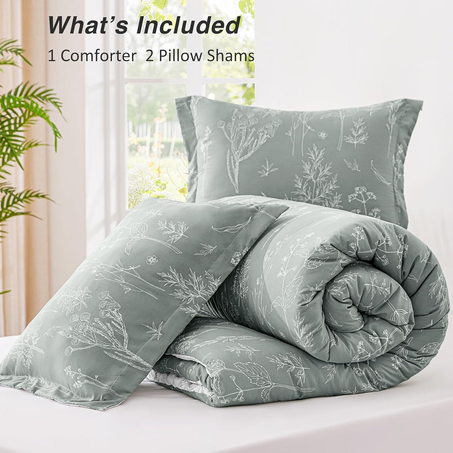 Dluxe Ave. ( KING ) 3 Pcs Comforter Set/ Cute Floral Bedding for All Seasons/ Reversible Botanical Flowers/ Grey